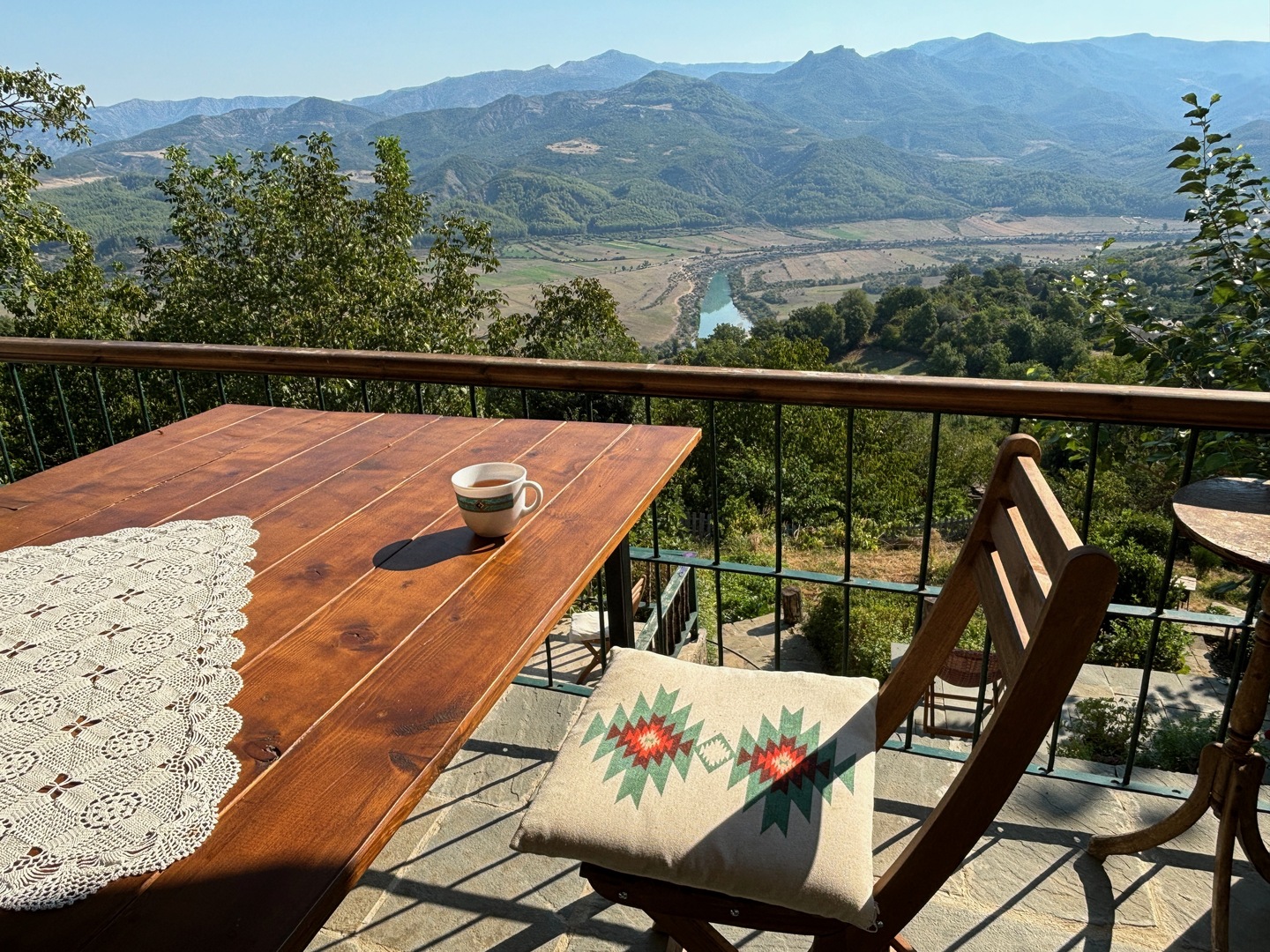 Tea on a balcony overlooking a mountain valley in Southern Albania.