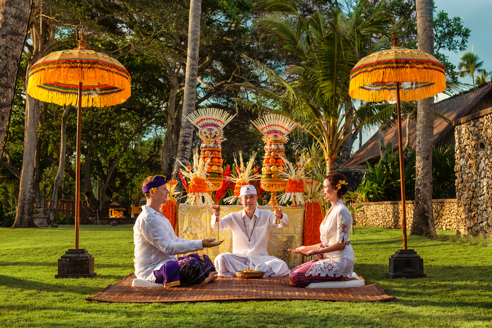 A wedding ceremony setup at The Oberoi Beach Resort Bali, Seminyak, a top destination for couples.