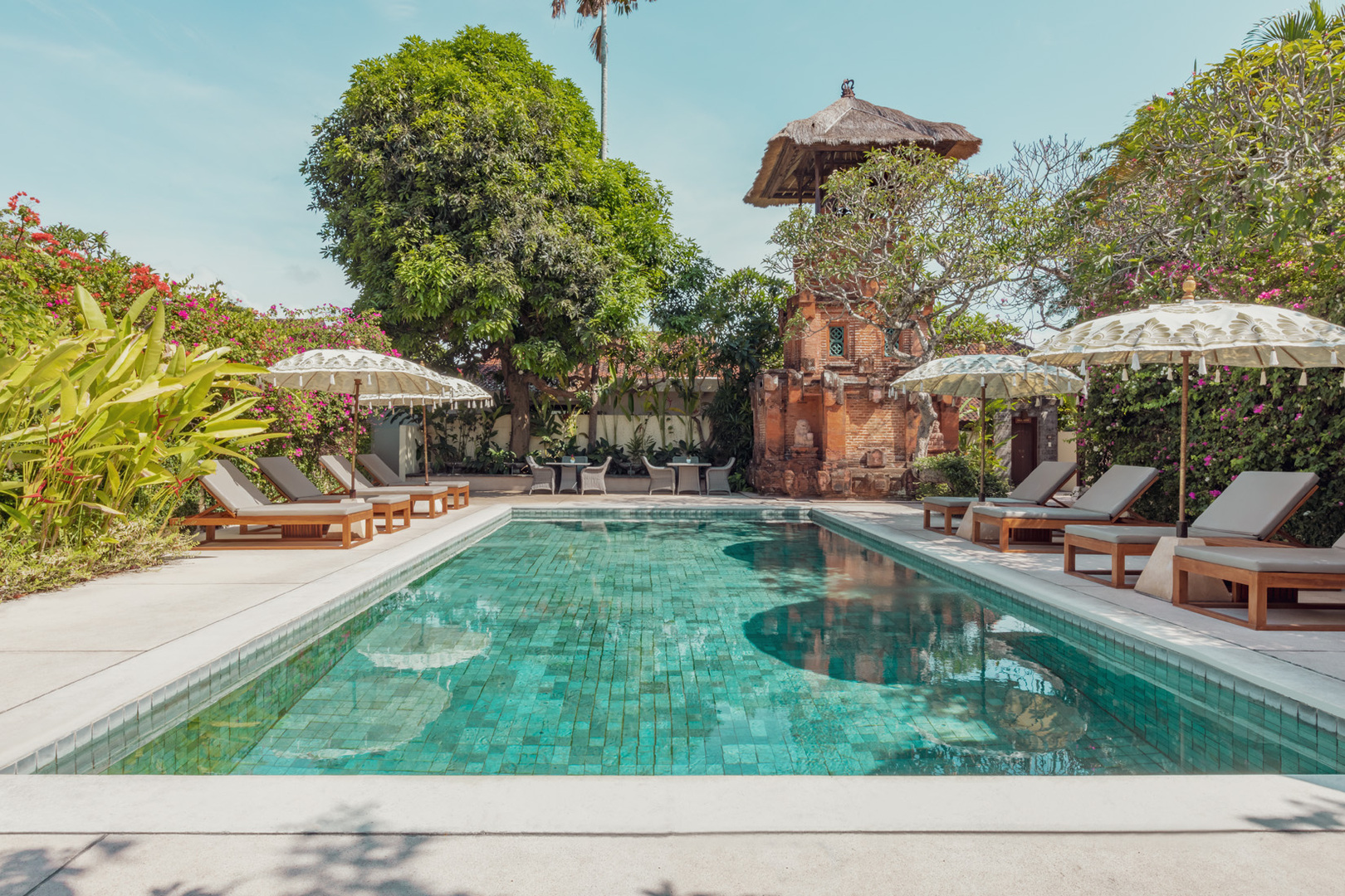 Main pool at The Pavilions Bali, Sanur, known for its intimate romantic atmosphere.
