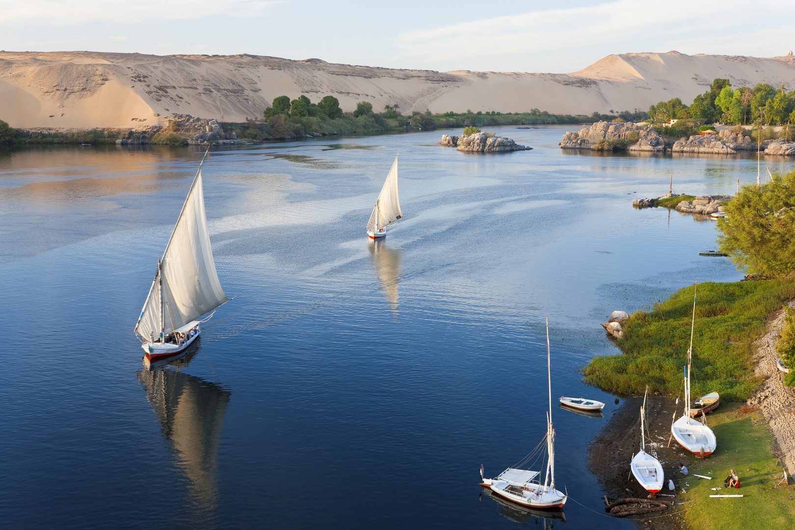 Feluccas on the Nile River in Aswan, Egypt.