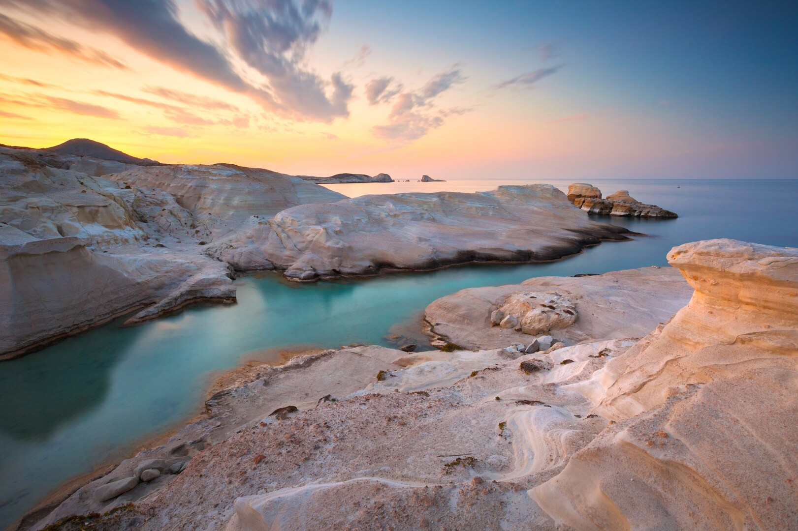 Sarakiniko beach on Milos, one of the best quiet Greek islands.