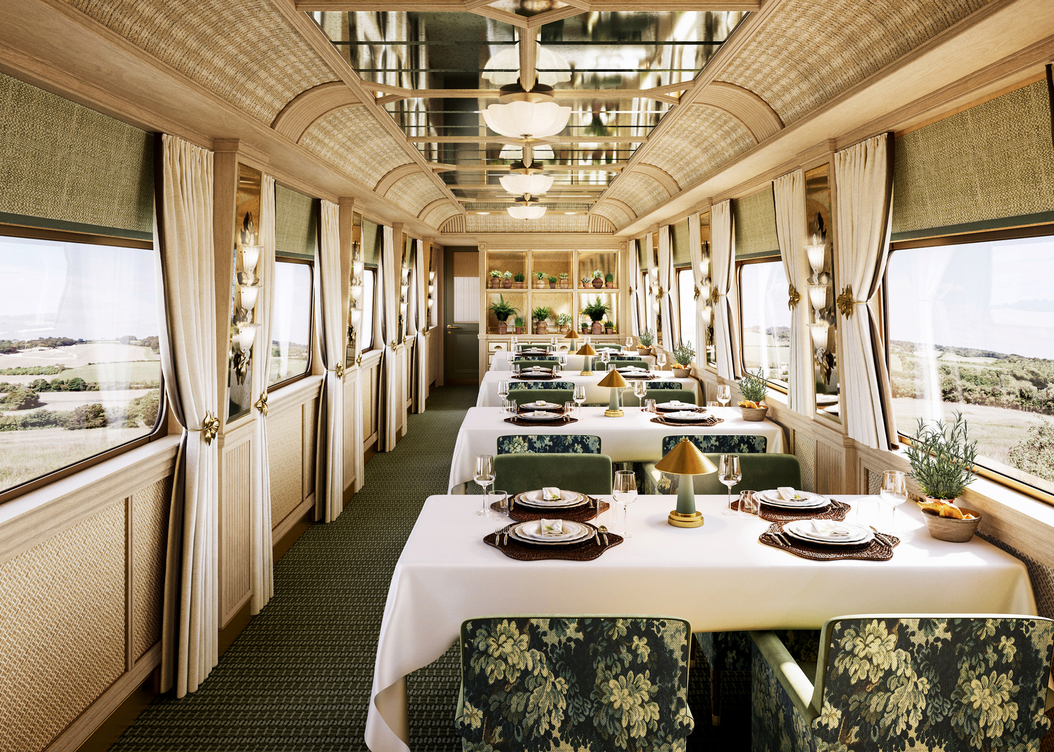 Dining car on the Britannic Explorer, a premier sleeper train in Europe