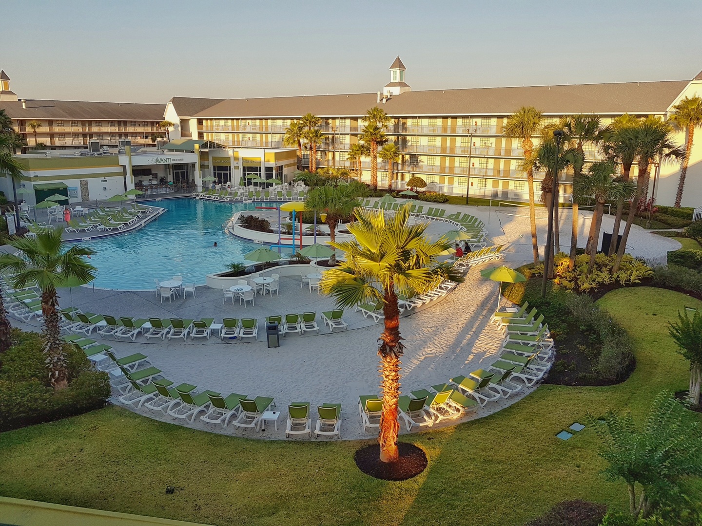 Aerial view of Avanti International Resort pool and surrounding area.