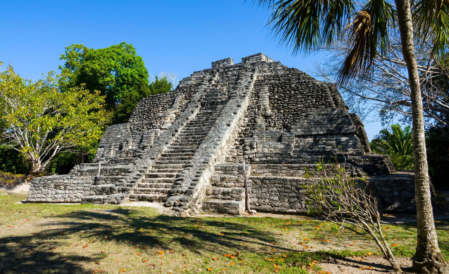 Stone Mayan pyramid at Chacchoben ruins in Costa Maya, Mexico.