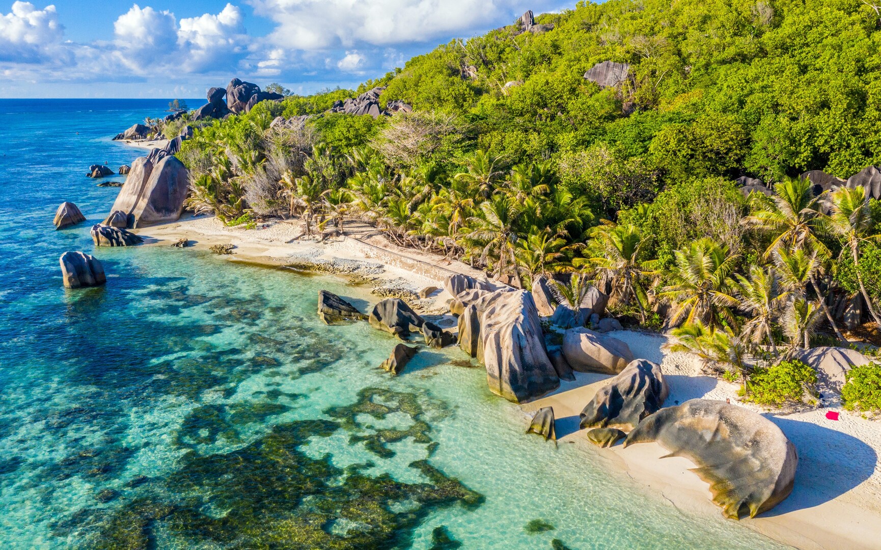 Aerial view of Anse Source D'Argent beach in La Digue, Seychelles.