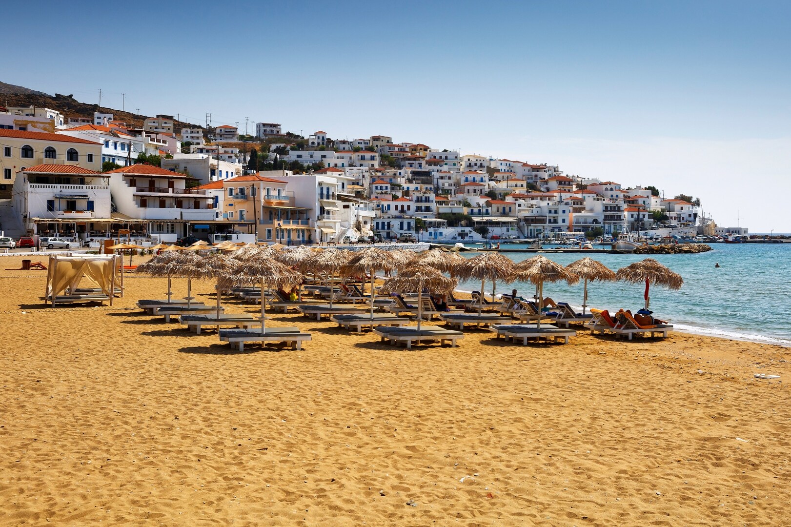 The beach at Batsi on Andros, one of the best quiet Greek islands.